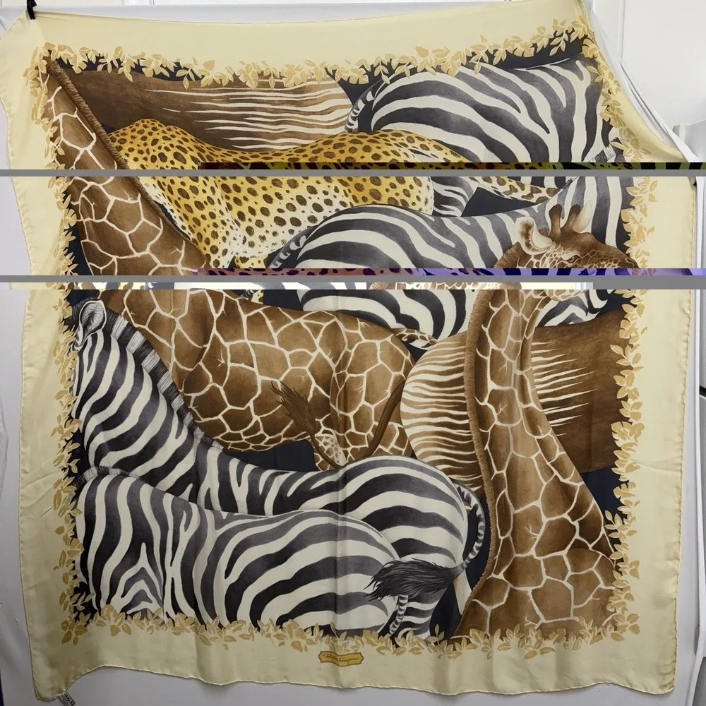 Salvatore Ferragamo 100% Silk Scarf  3 Giraffe 4 Zebra 1 Cheetah JUMBO 52